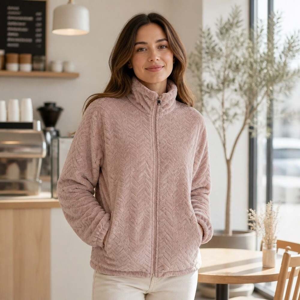 Free Country Women's Pink Chevron Butter Pile Full Zip Jacket Size XL